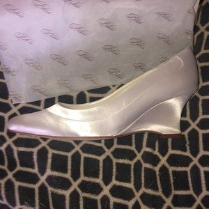 Bliss white satin wedding wedges